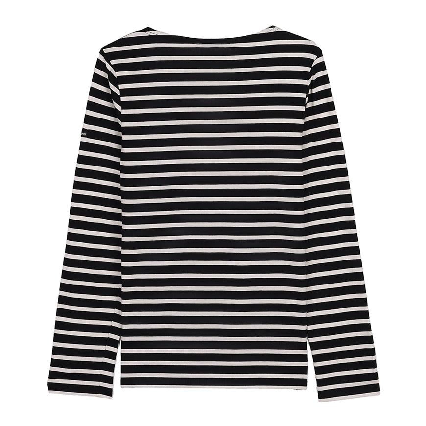 Saint James Striped Cotton Minquiers Modern Unisex T-Shirt Noir Ecru
