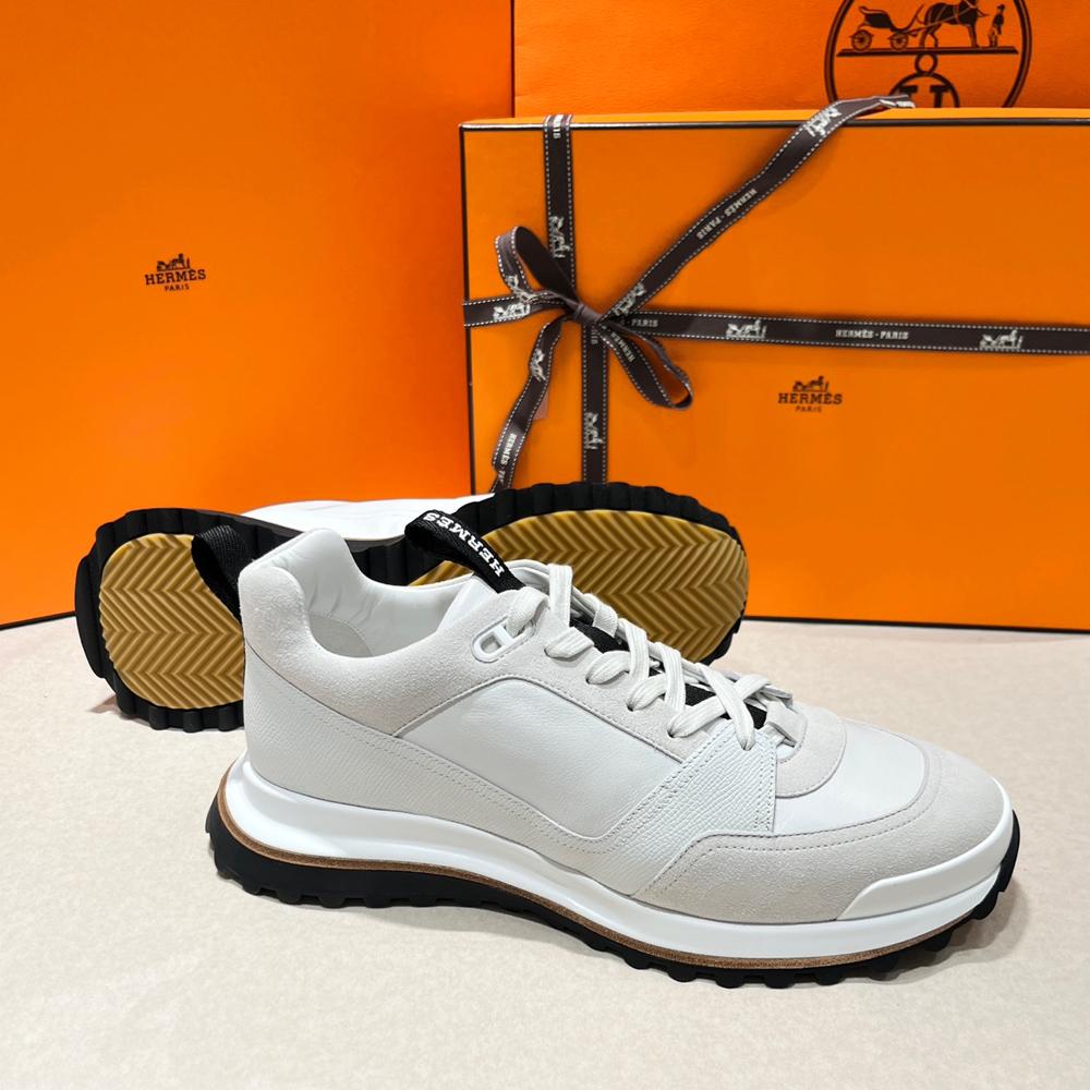 HERMES White Epsom Calfskin Suede Low-Top Sneakers for Men