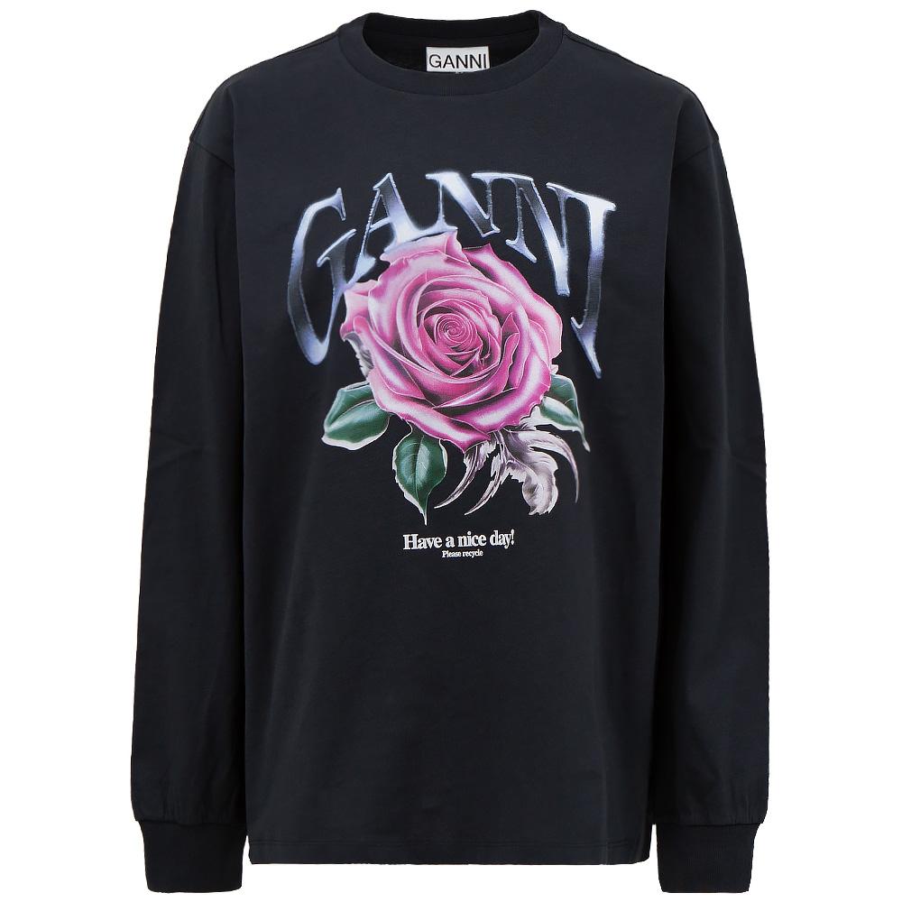 GANNI Heavy Jersey Rose Print Black Long Sleeve T-Shirt