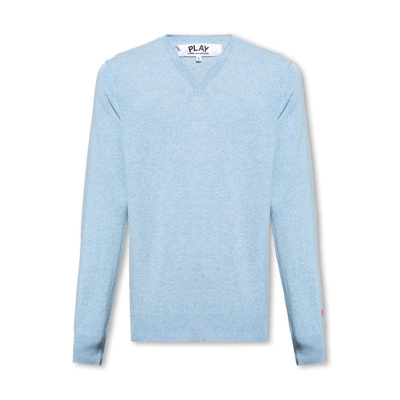 Comme des Garcons Blue V-Neck Knit Sweater with Small Red Heart Pa AZ N090 051 2