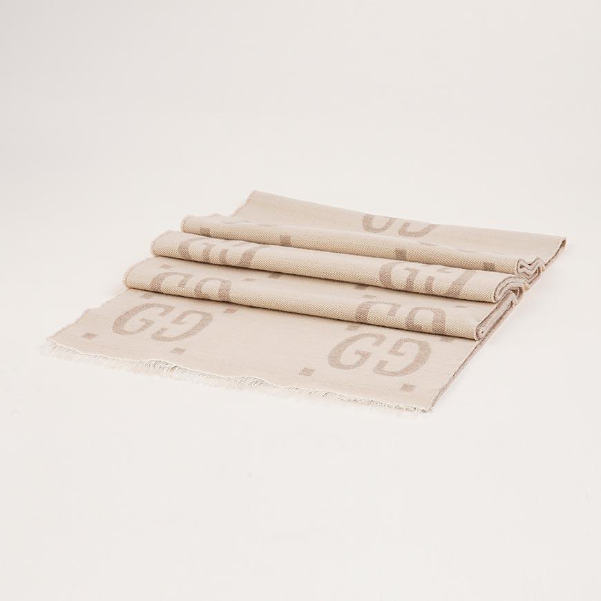 GUCCI Women’s GG Jacquard Scarf Ivory Beige Wool Silk