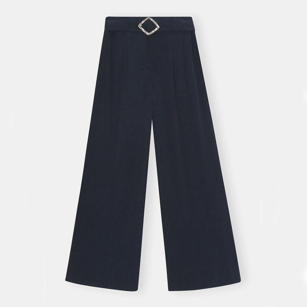 GANNI High-Waist Wide-Leg Pleated Viscose Cropped Pants Navy F7171