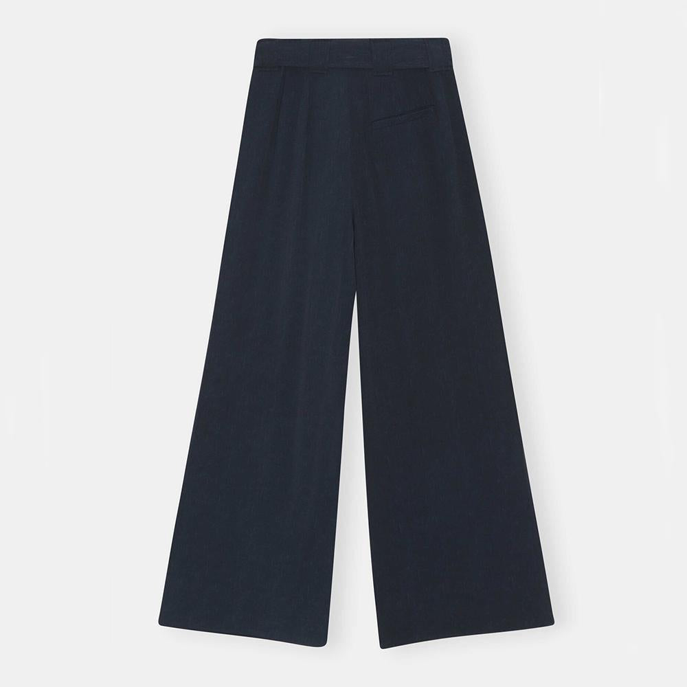 GANNI High-Waist Wide-Leg Pleated Viscose Cropped Pants Navy F7171