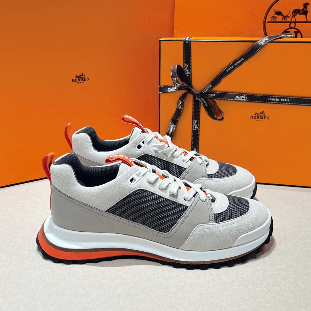 HERMES Men’s Low-Top Sneakers Gray Orange Calfskin Suede