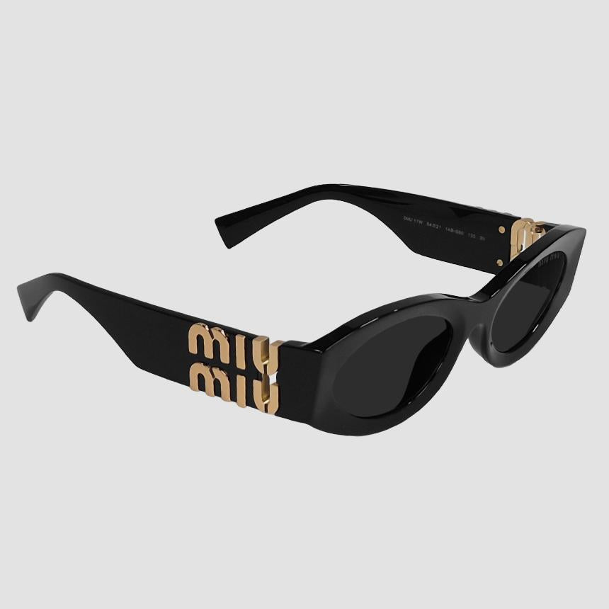 Miu Miu Gleams Logo Temple Oval Sunglasses Black Acetate MU11WS 1AB5S0