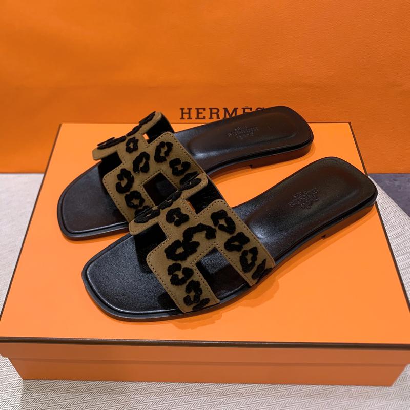 HERMES Oran Leopard Calfskin Slide Sandals Black Brown Women