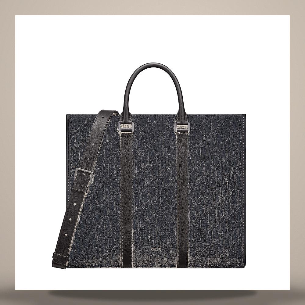 DIOR Black Oblique Jacquard and Grained Calfskin East-West Tote Bag