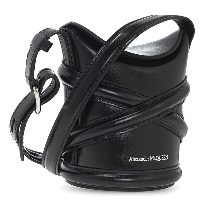 Alexander Mcqueen Logo Curve Micro Bucket Bag Black Leather Crossbody