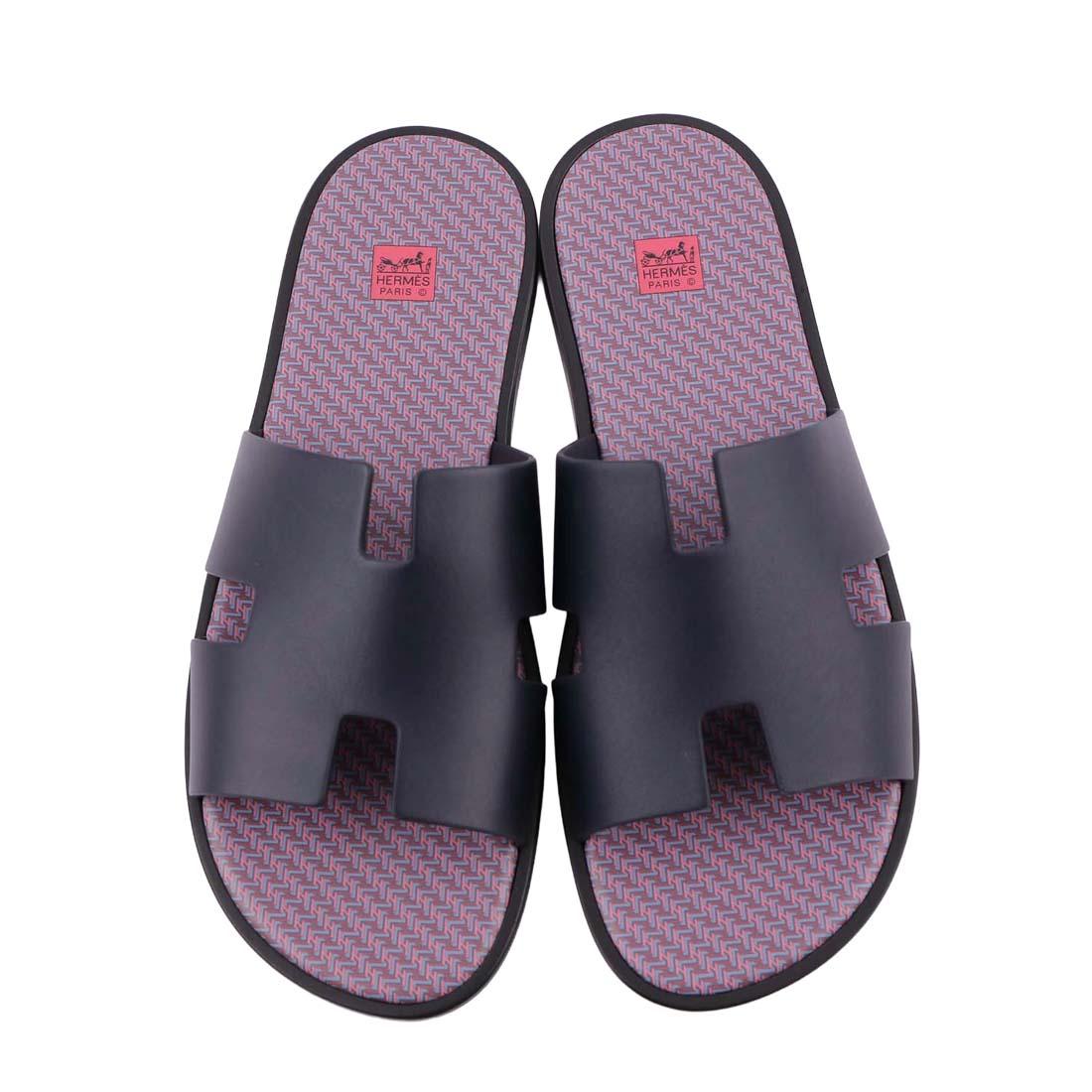 HERMES Izmir Marine Blue Leather Slide Sandals Unisex