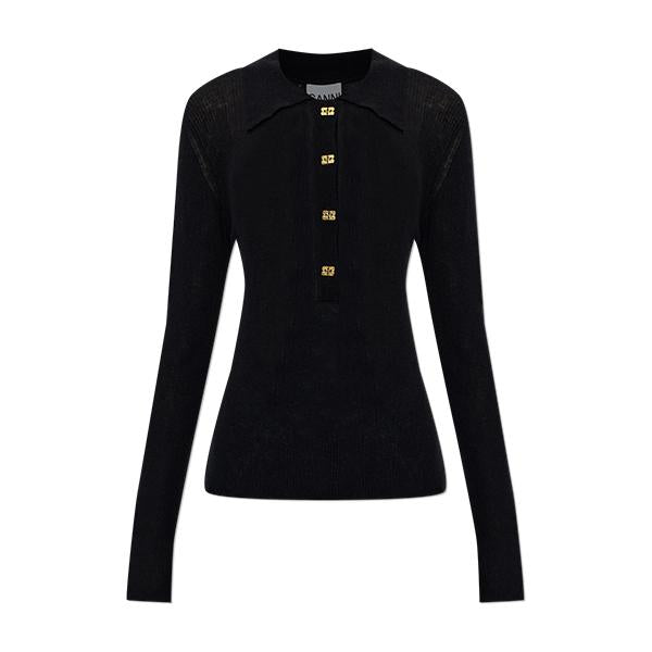 GANNI Sheer Wool Ribbed Polo Sweater A1070260 099