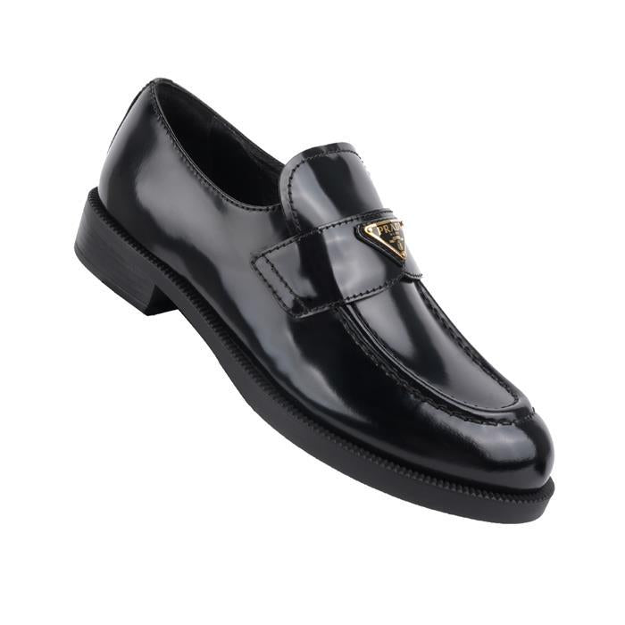 PRADA Triangle Logo Brushed Leather Loafers Black
