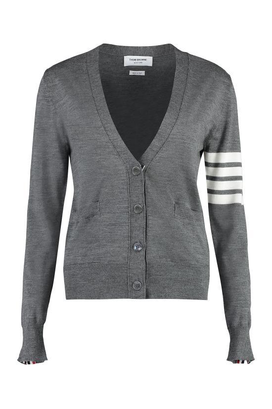 THOM BROWNE Fine Merino Wool 4-Bar Relaxed Fit Cardigan Med Gray