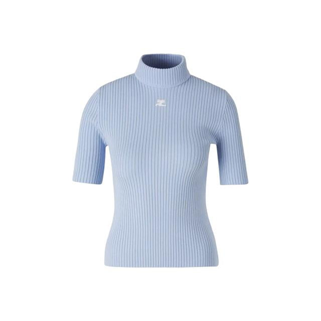 courreges Sky Blue High Neck Short Sleeve Logo Knit Sweater Women