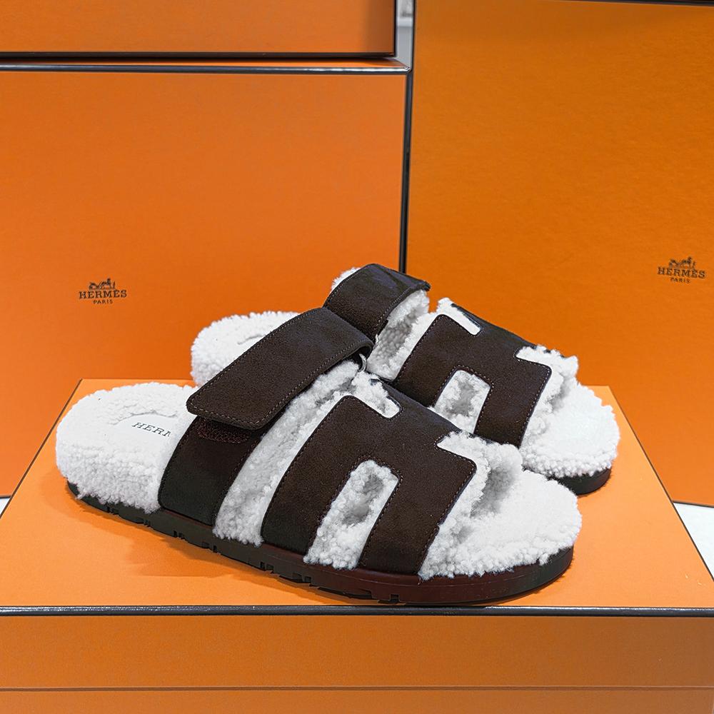 HERMES Shearling Chypre Sandals Woolskin Marron Ebene Slippers