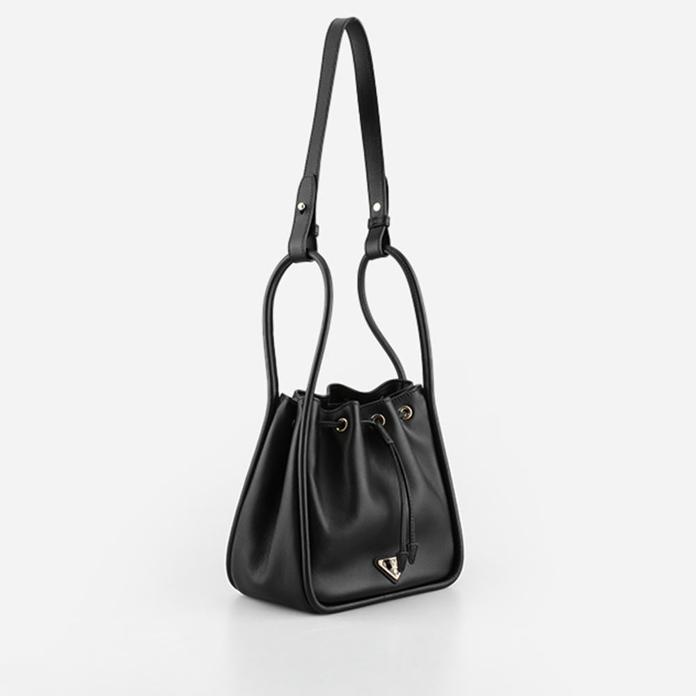 PRADA Black Leather Bucket Shoulder Bag with Buckle 1BE087 2CYS F0002