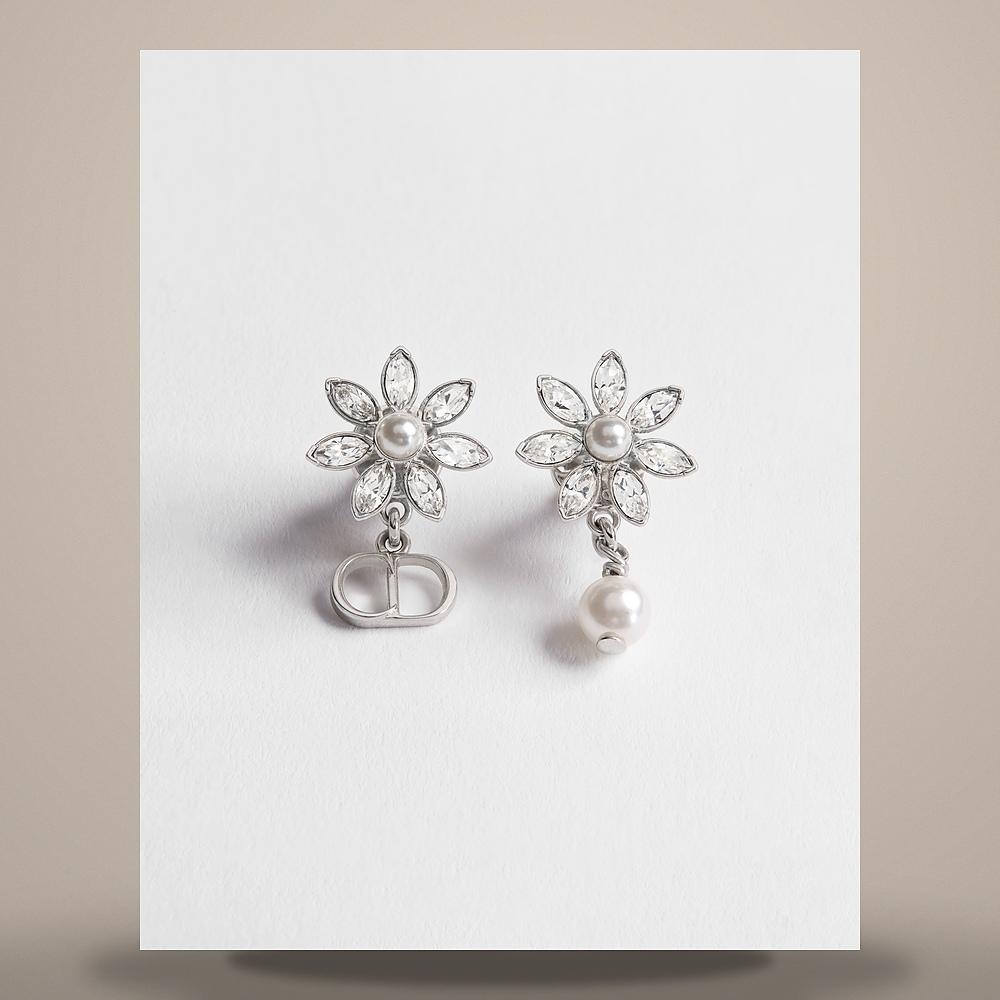 DIOR Silver-Tone Metal Earrings with White Resin Pearls and Crystals