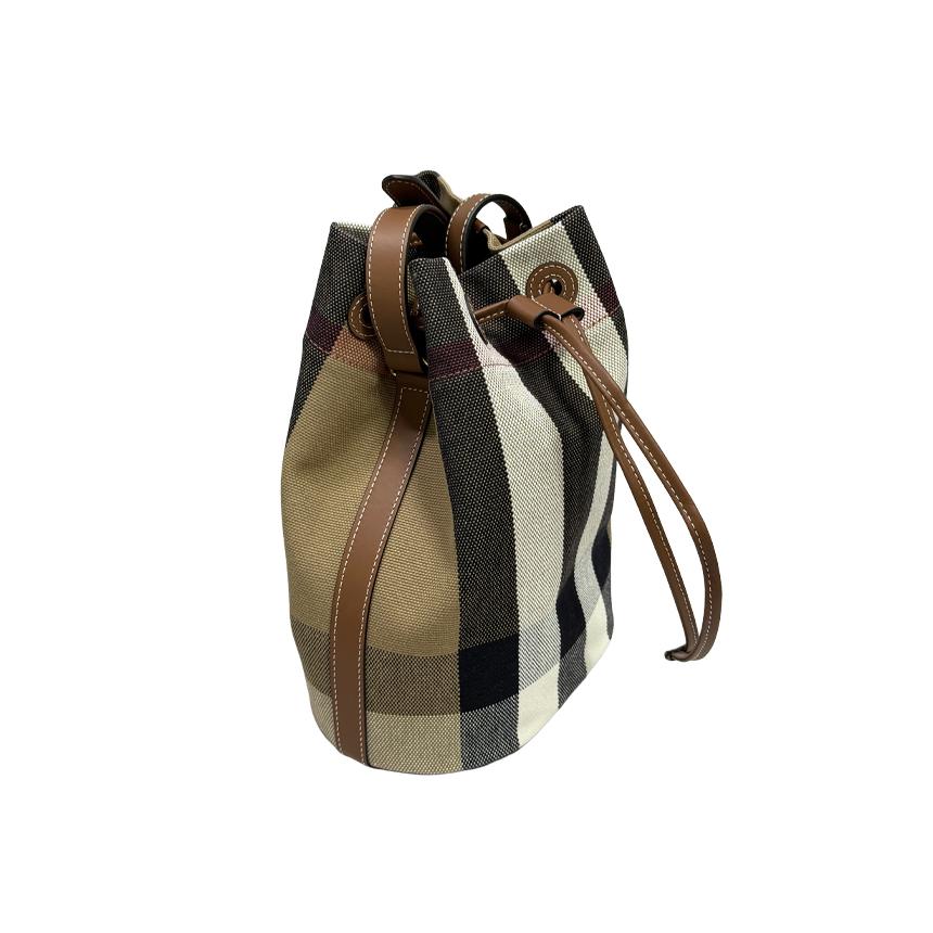 BURBERRY Check Canvas Bucket Shoulder Bag Taupe Brown Crossbody