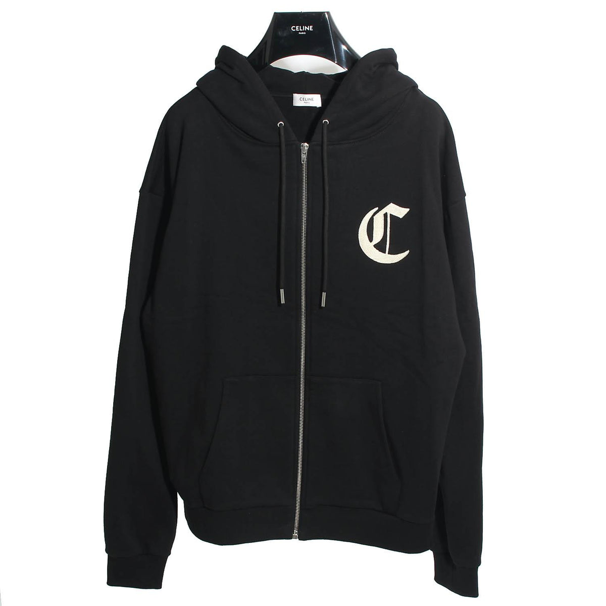 CELINE Black Cotton Fleece Embroidered Back Logo Zip Hoodie