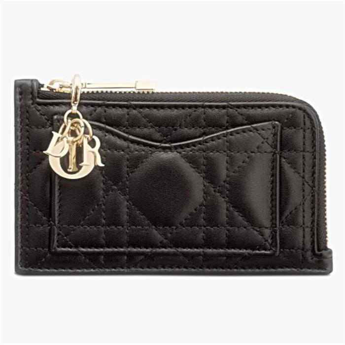 DIOR Lady Dior Compact Zip Card Holder Black Leather Wallet