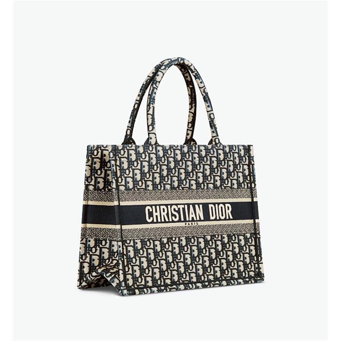 DIOR Book Tote Medium Ecru and Blue Embroidered Tote Bag
