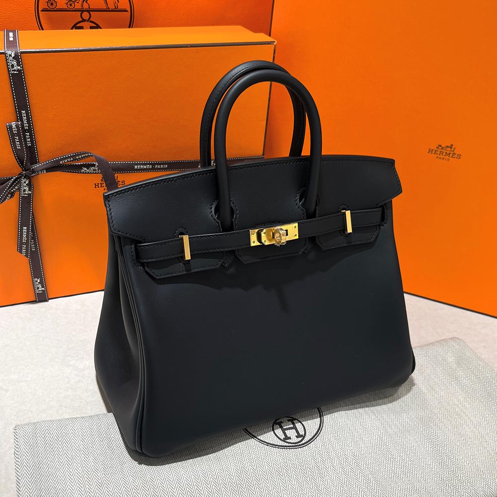 HERMES Swift Leather Birkin Tote Bag Black Gold Hardware 25cm