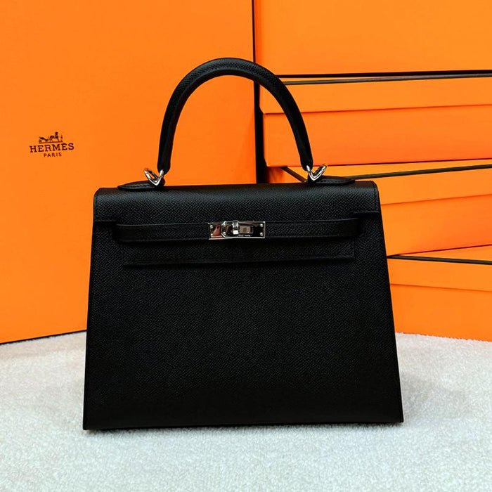 HERMES Kelly Bag Epsom Leather Black Palladium Hardware Tote 25