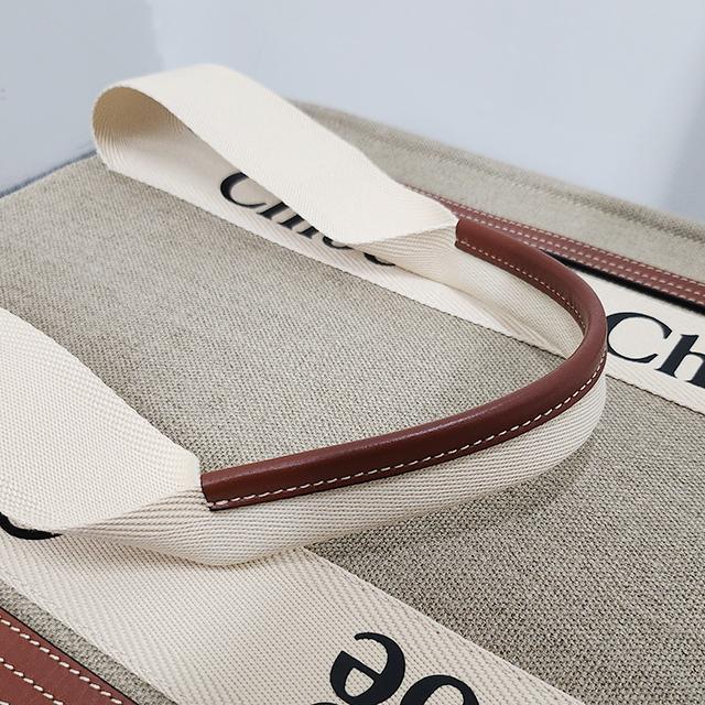 Chloe Woody NS Tote Bag Beige Canvas Leather Trim
