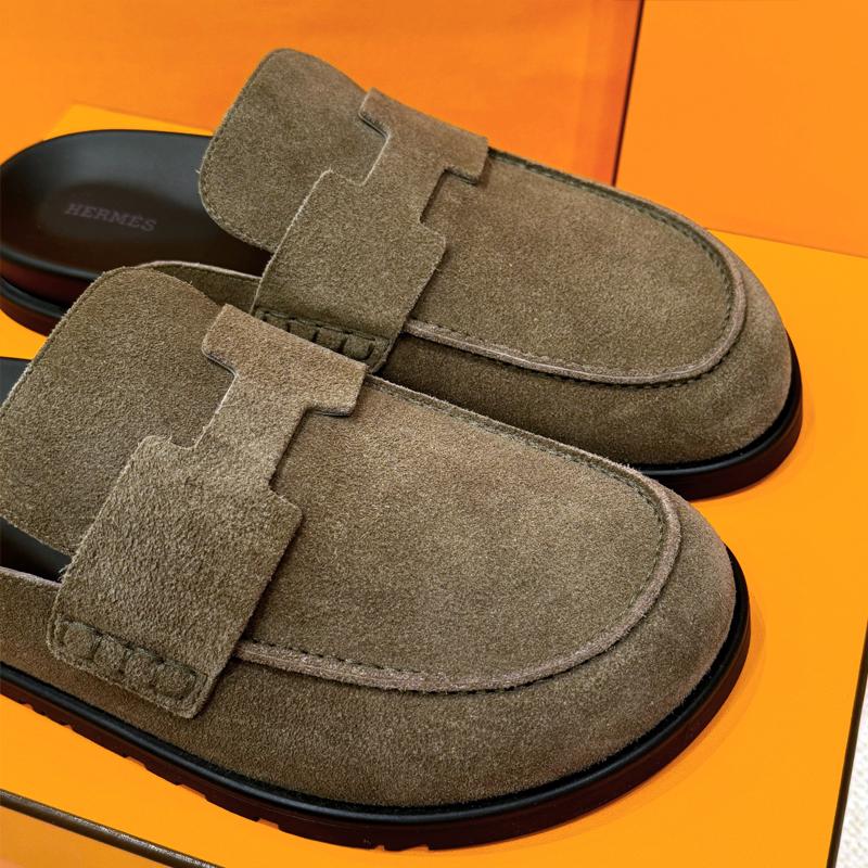 HERMES Etoupe Suede Calfskin Go Mule Sandals for Men