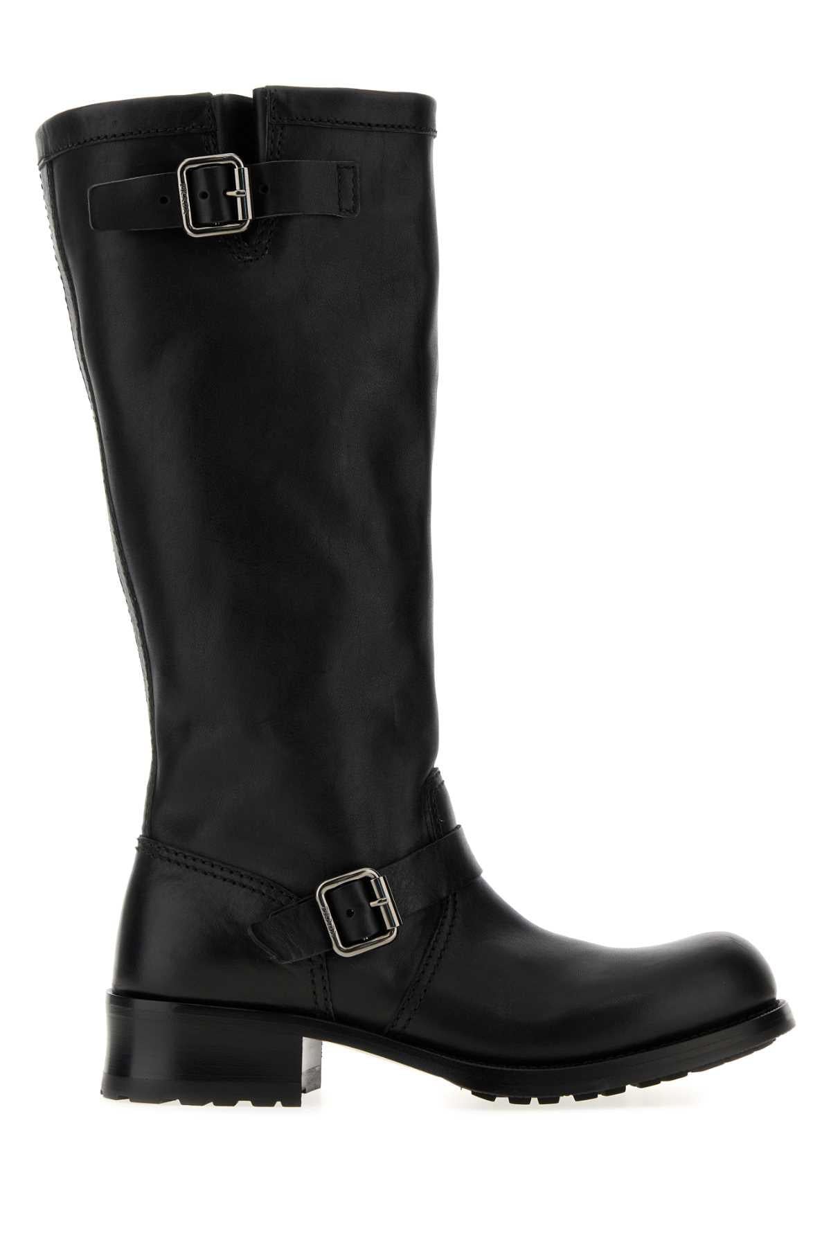 PRADA Black Leather Mid-Calf Boots