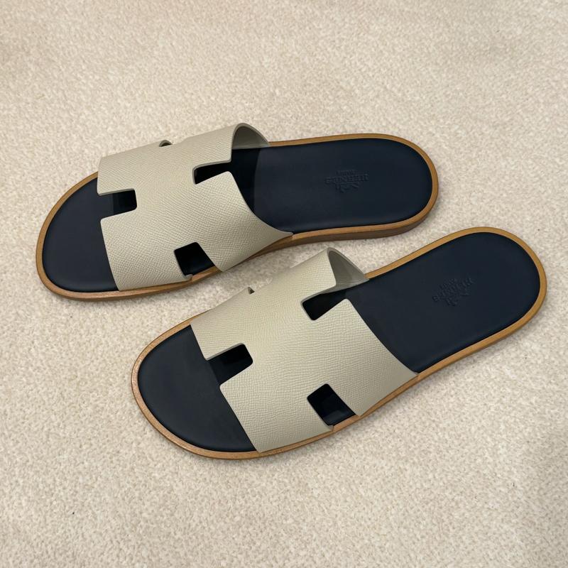 HERMES Izmir Sandals Calfskin Epsom White Navy Men's Slides
