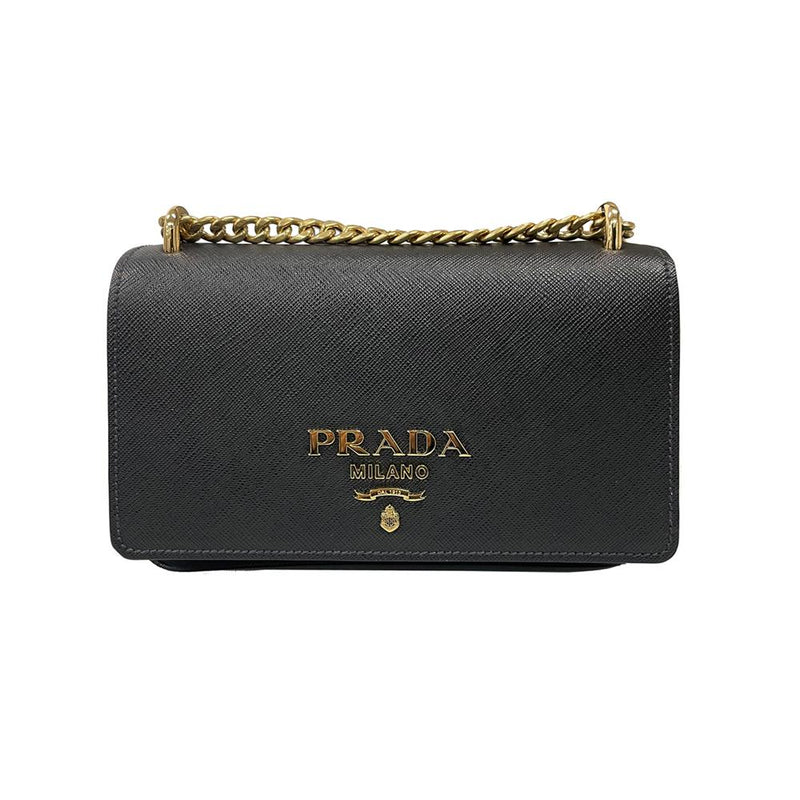 PRADA Black Tessuto Saffiano Chain Crossbody Bag Gold Logo