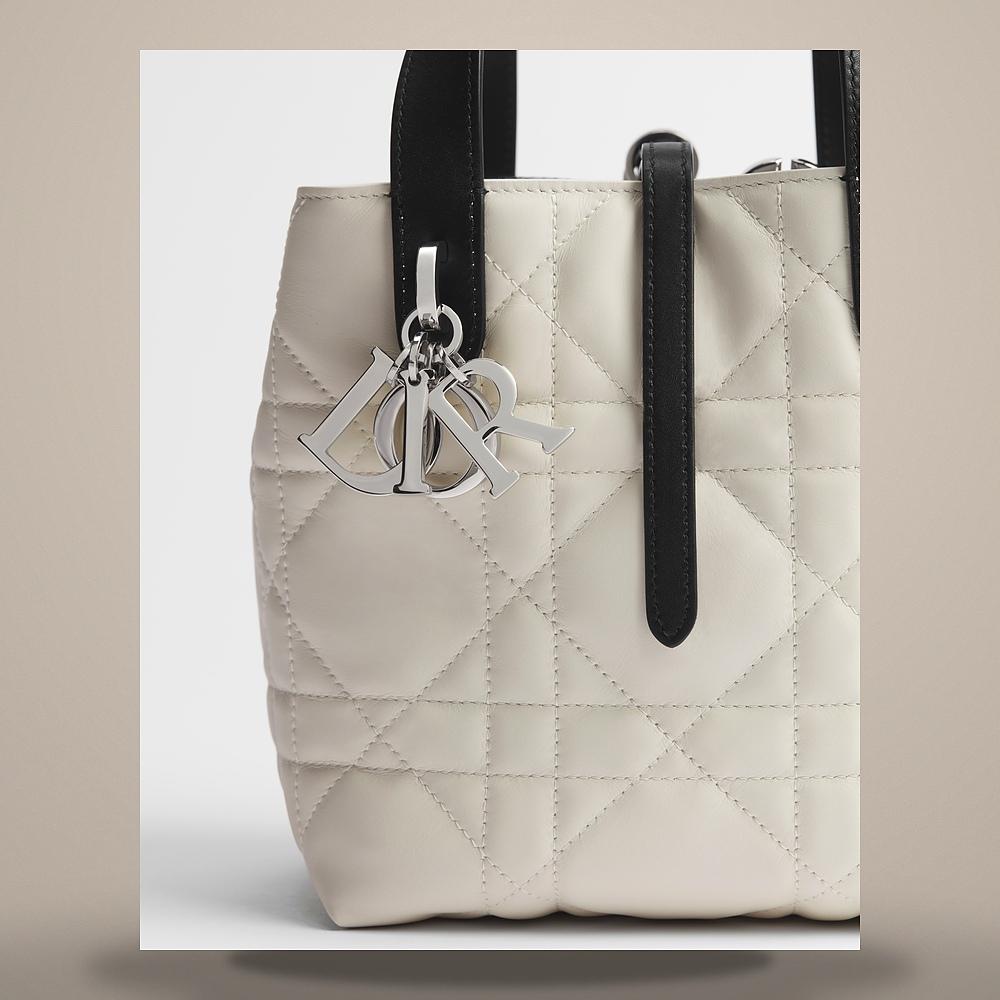 DIOR Toujours Small Vertical Tote Latte/Black Macro Cannage Calfs M2835PSOB M06E