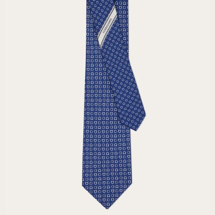 Ferragamo Gancini Print Silk Tie Marine Blue