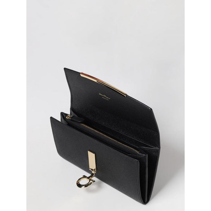 Ferragamo Gancini Leather Long Wallet Unisex Black