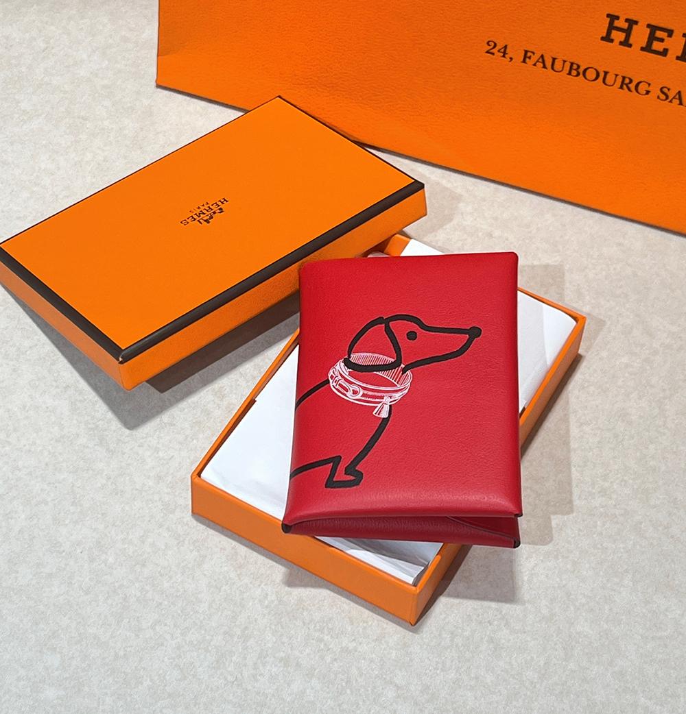 HERMES Red Swift Leather Calvi Duo Compact Card Holder Palladium Hardware