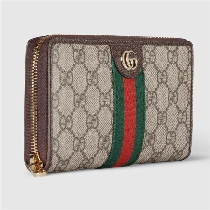 GUCCI Ophidia Zip-Around Card Holder Beige GG Canvas Leather Trim
