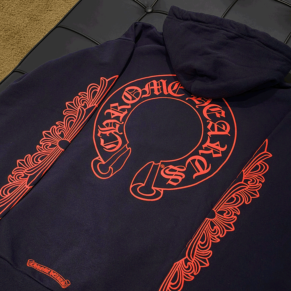 Chrome Hearts Navy Hoodie Horseshoe Coral Orange Logo Unisex Top