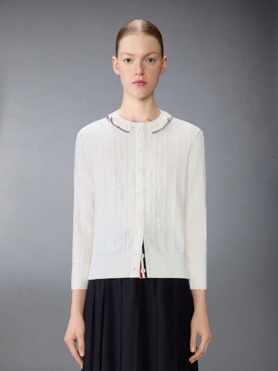 THOM BROWNE Navy Wool V-Neck Button Cardigan for Women