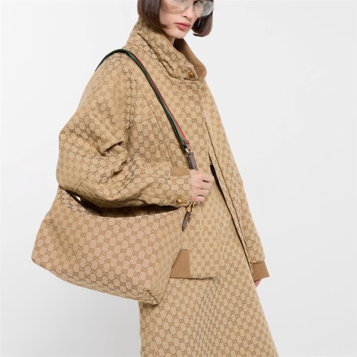 GUCCI Brera Medium Crossbody Bag Beige Canvas Leather Trim