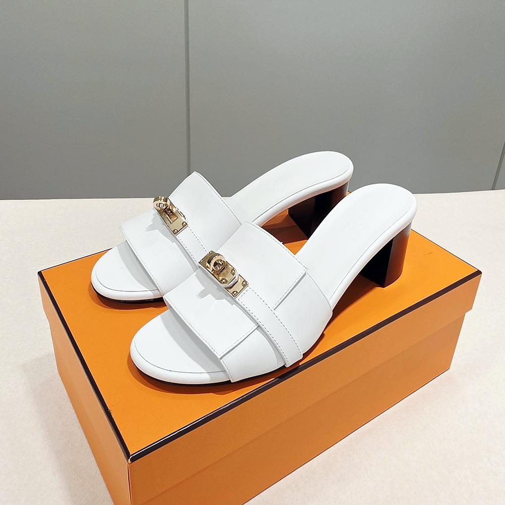 HERMES Kelly Buckle Jiji Mule Sandals White Gold-Tone Hardware