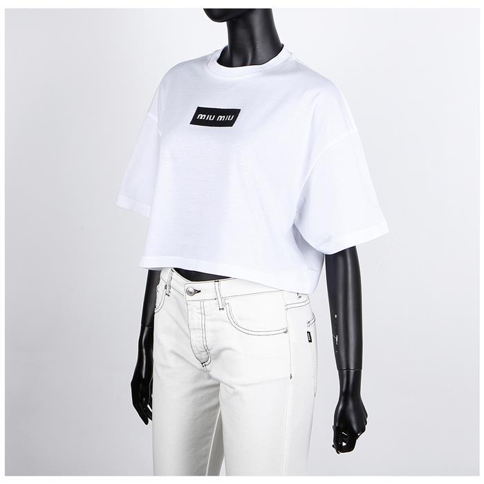 Miu Miu Sequin Logo Cropped Short Sleeve T-Shirt Black