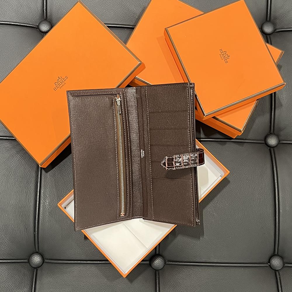 HERMES Deep Brown Shiny Alligator Long Wallet Silver Hardware