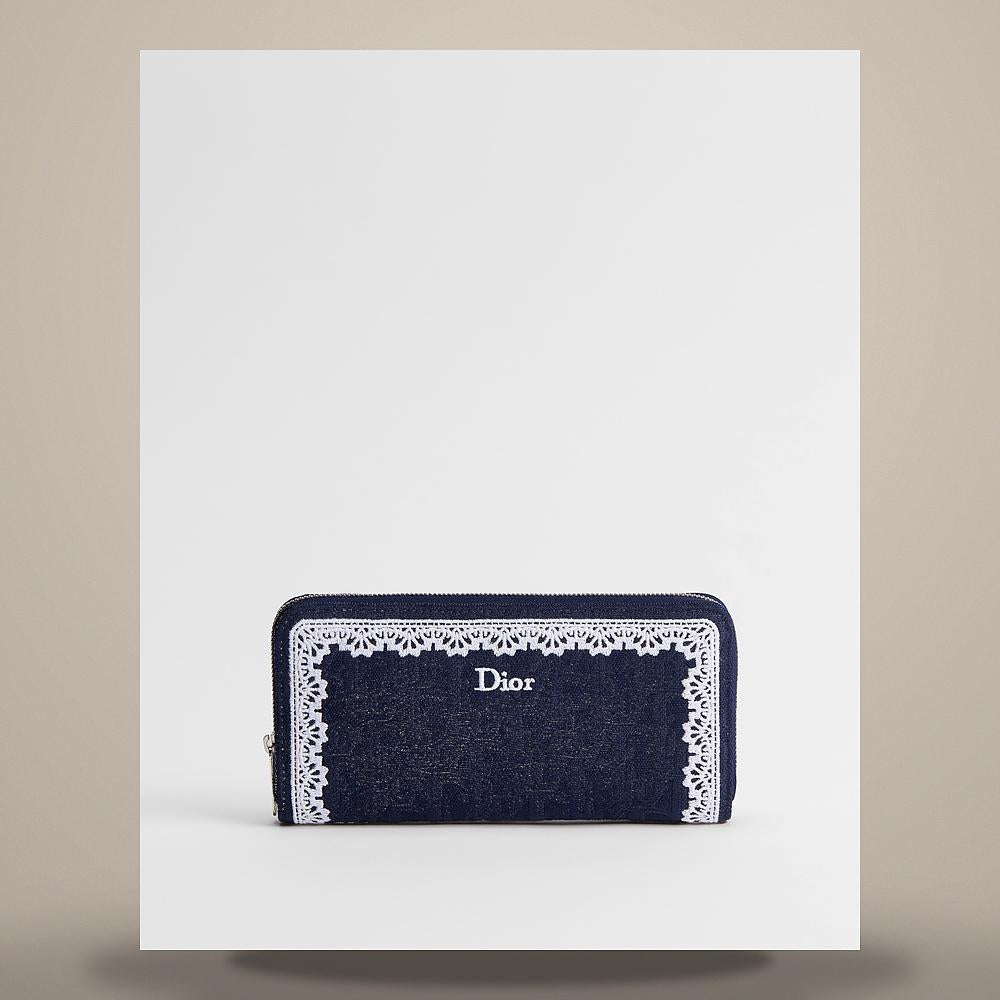 DIOR Blue Oblique Voyager Slim Card Holder in White Lace Jacquard