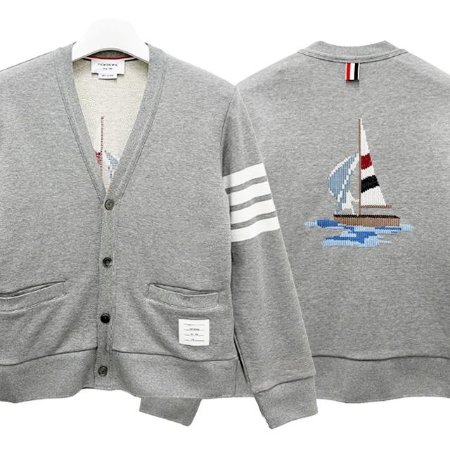 THOM BROWNE Armband 4-Bar Loopback Boat Embroidered Cardigan M MJT582E 00535 055