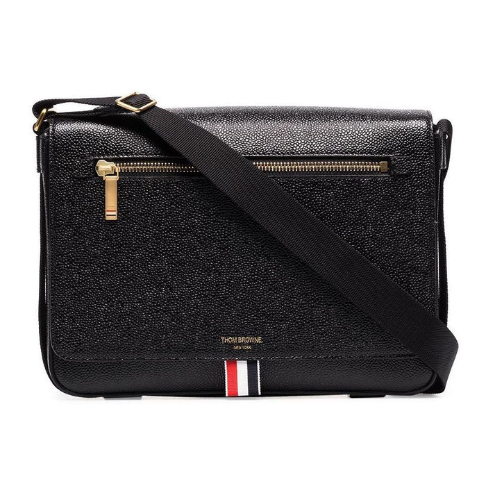 THOM BROWNE Pebble Leather Tricolor Stripe Crossbody Bag Black