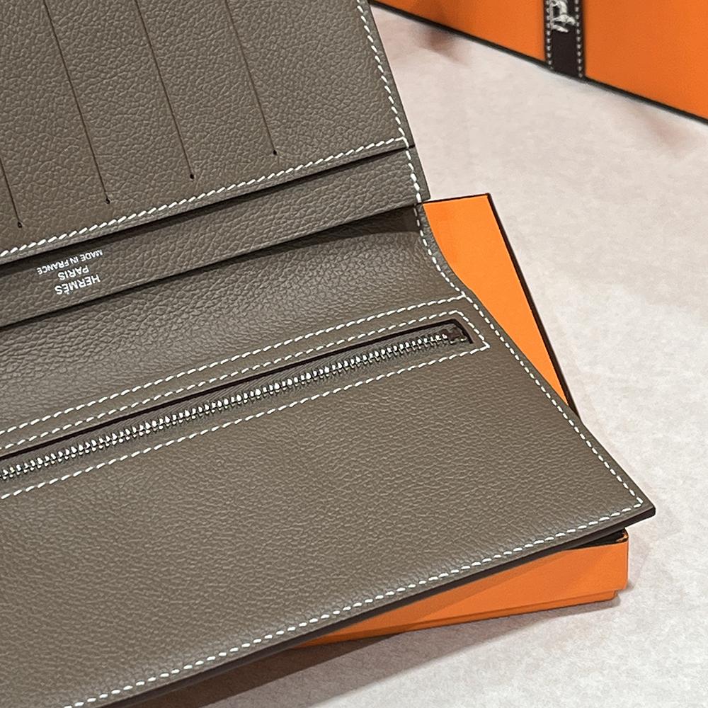 HERMES Epsom Leather Long Wallet Etoupe Citizen Twill Graphic Lining