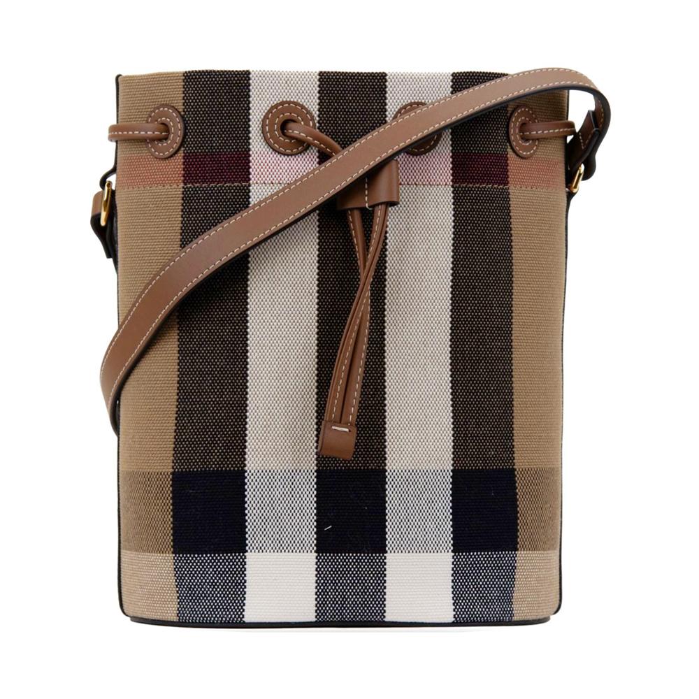 BURBERRY Check Canvas Small Bucket Crossbody Bag Taupe Brown