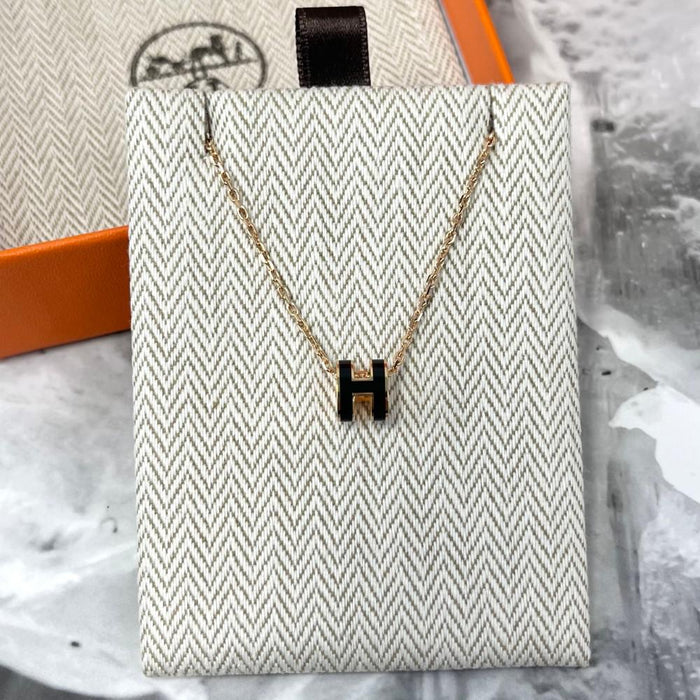 HERMES Mini Pop H Pendant Necklace Black Rose Gold