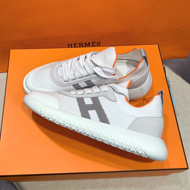HERMES Women’s Knit Goatskin Crew Sneakers White Gray Low Top