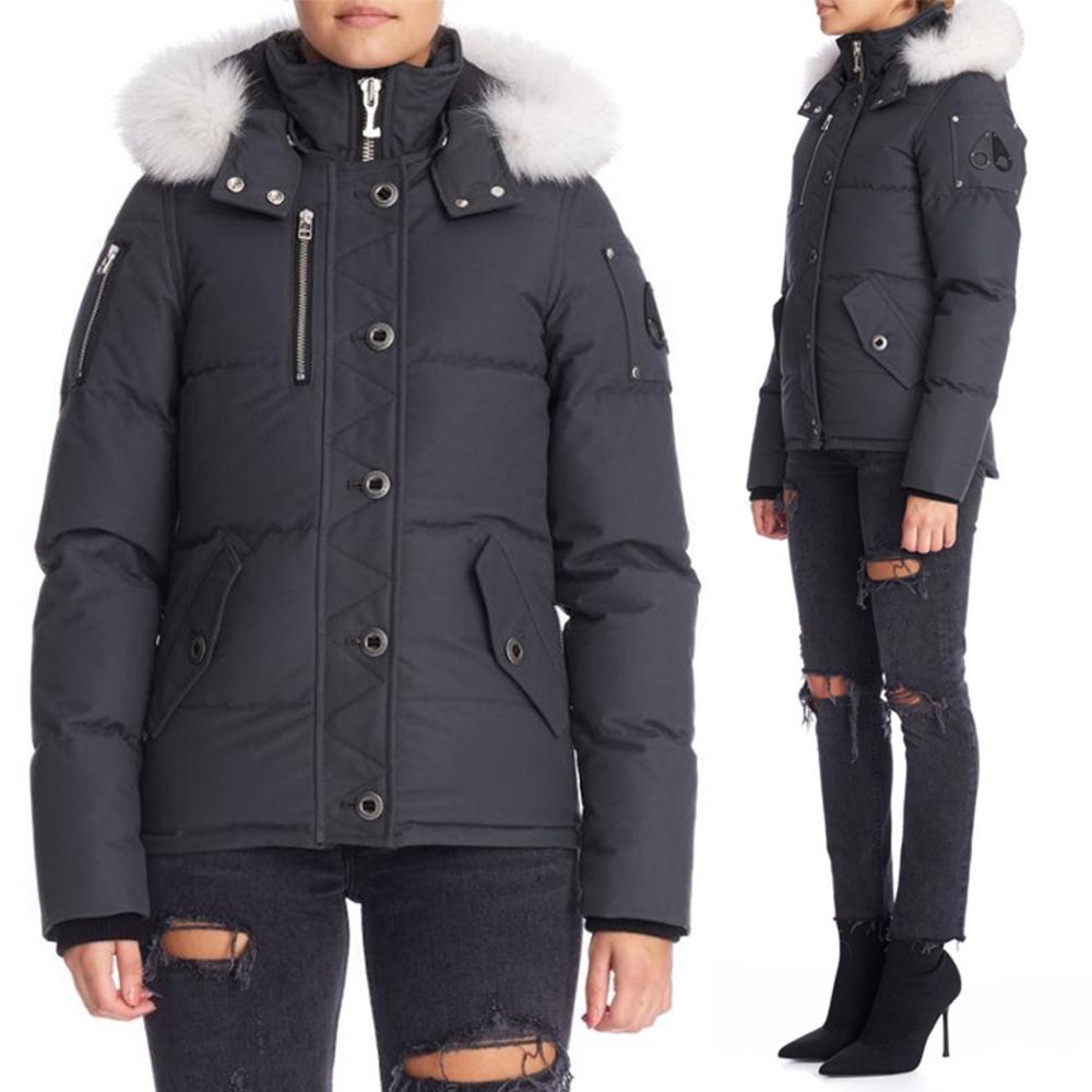 Moose Knuckles Gray Fur-Trim Three-Quarter Down Jacket Women